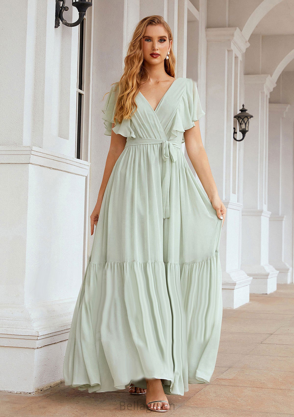 A-line V Neck Short Sleeve Chiffon Long/Floor-Length Bridesmaid Dresses With Pleated Gladys DNP0025331