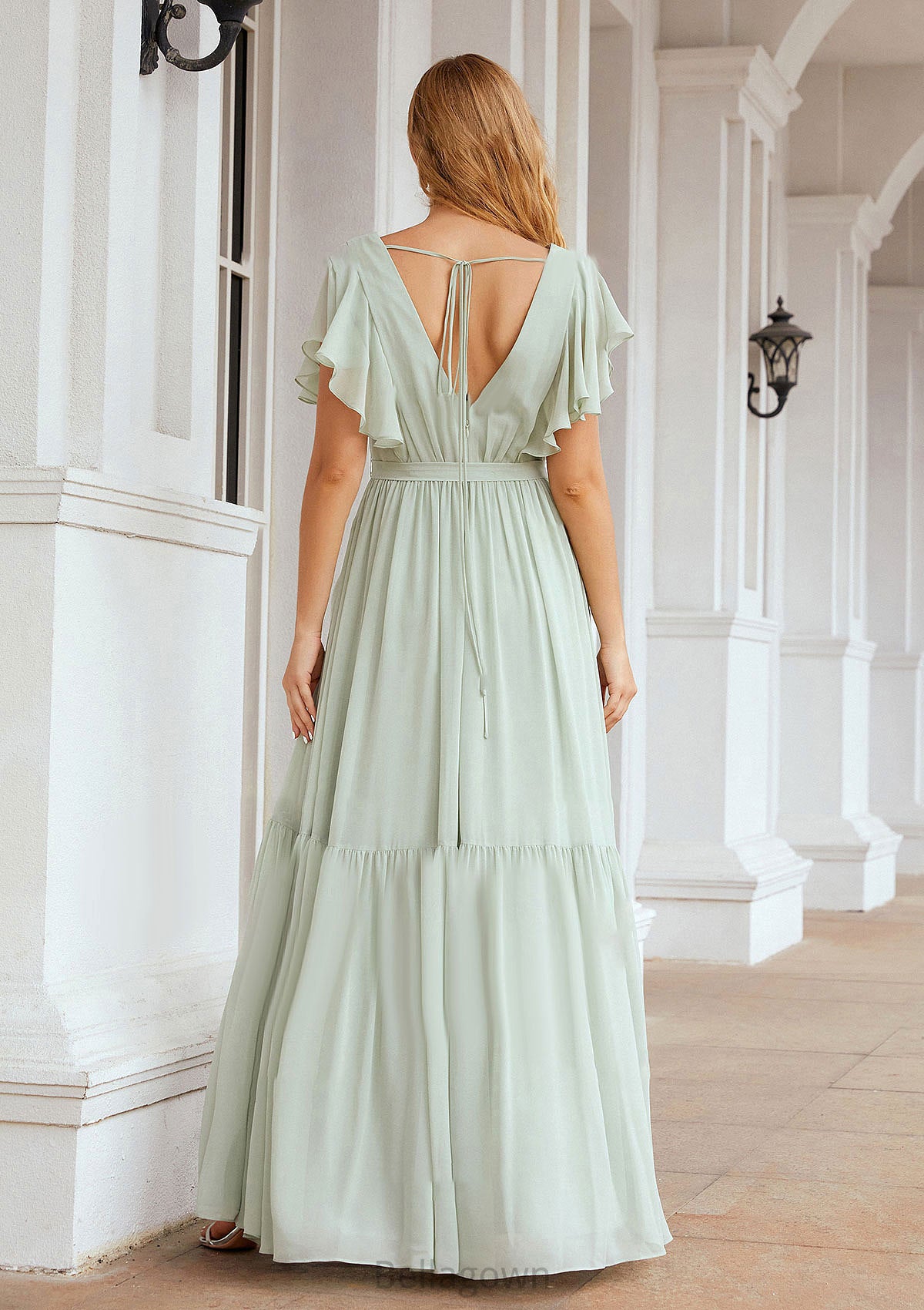 A-line V Neck Short Sleeve Chiffon Long/Floor-Length Bridesmaid Dresses With Pleated Gladys DNP0025331