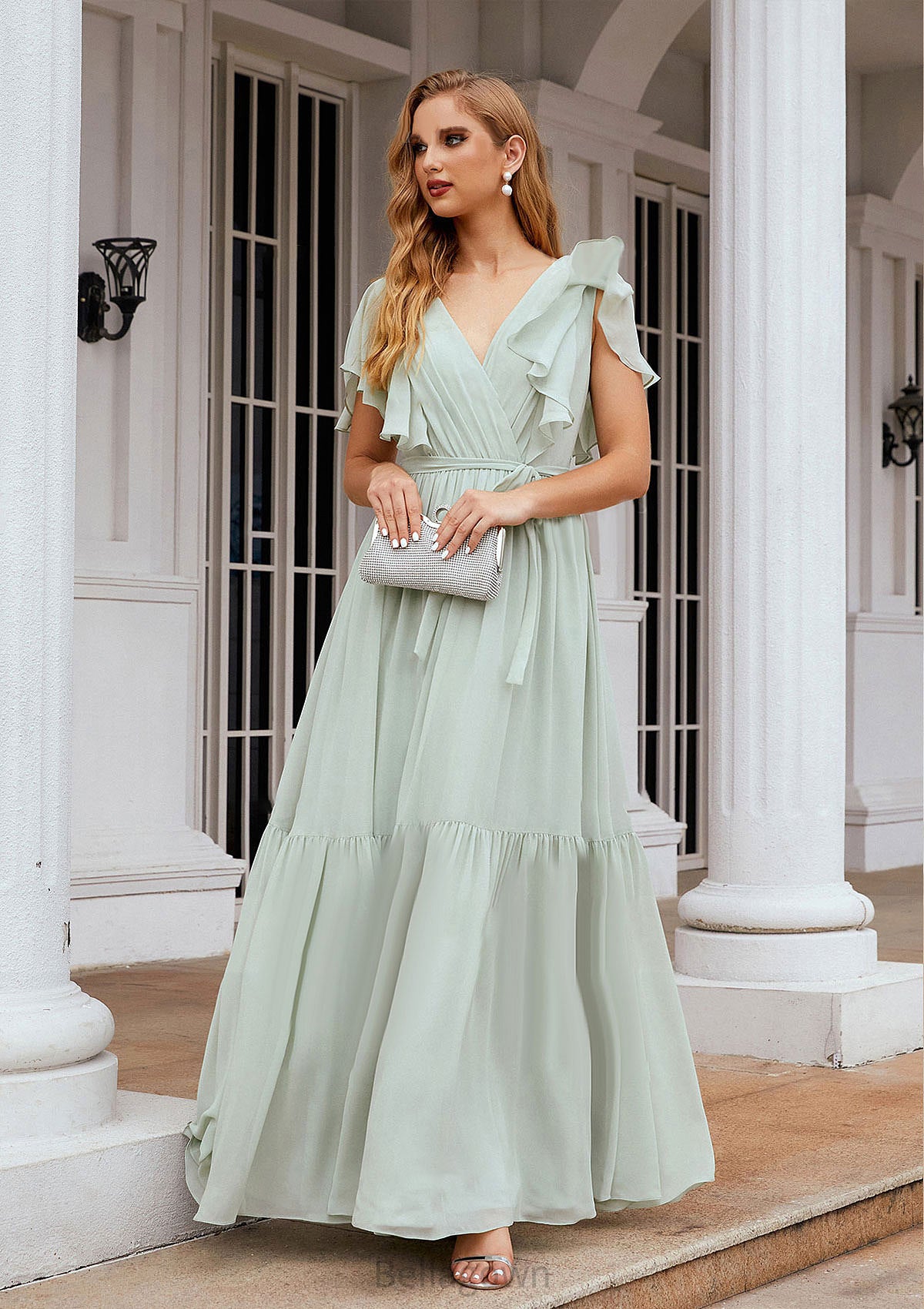 A-line V Neck Short Sleeve Chiffon Long/Floor-Length Bridesmaid Dresses With Pleated Gladys DNP0025331