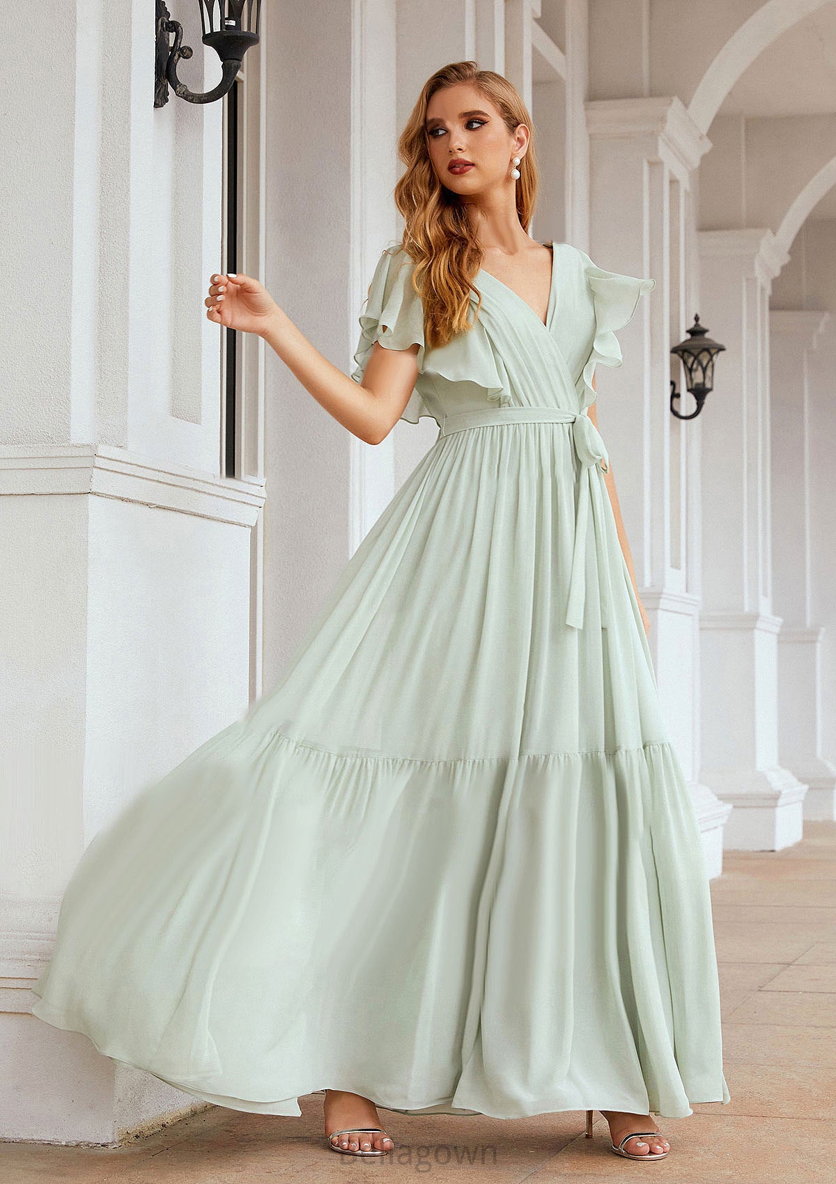 A-line V Neck Short Sleeve Chiffon Long/Floor-Length Bridesmaid Dresses With Pleated Gladys DNP0025331