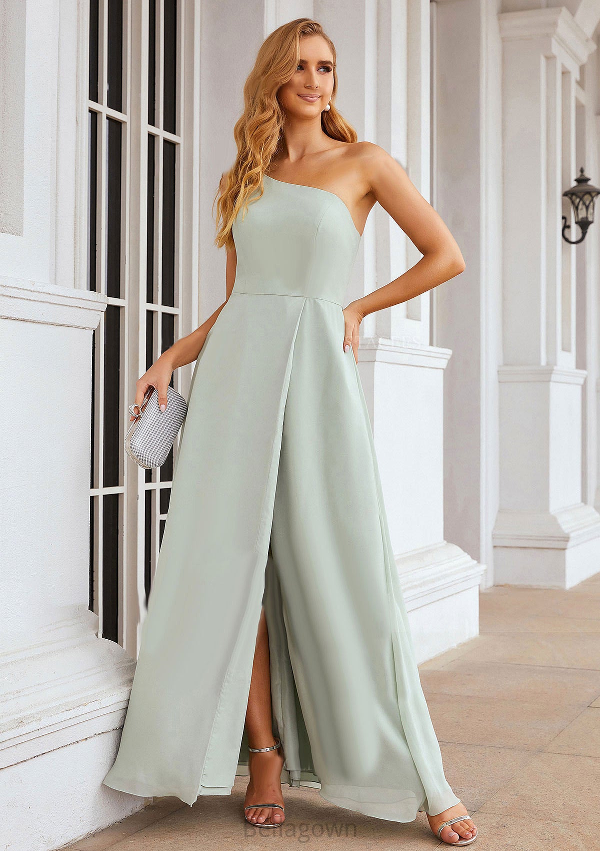 A-line One-Shoulder Sleeveless Long/Floor-Length Chiffon Bridesmaid Dresses With Split Hannah DNP0025333