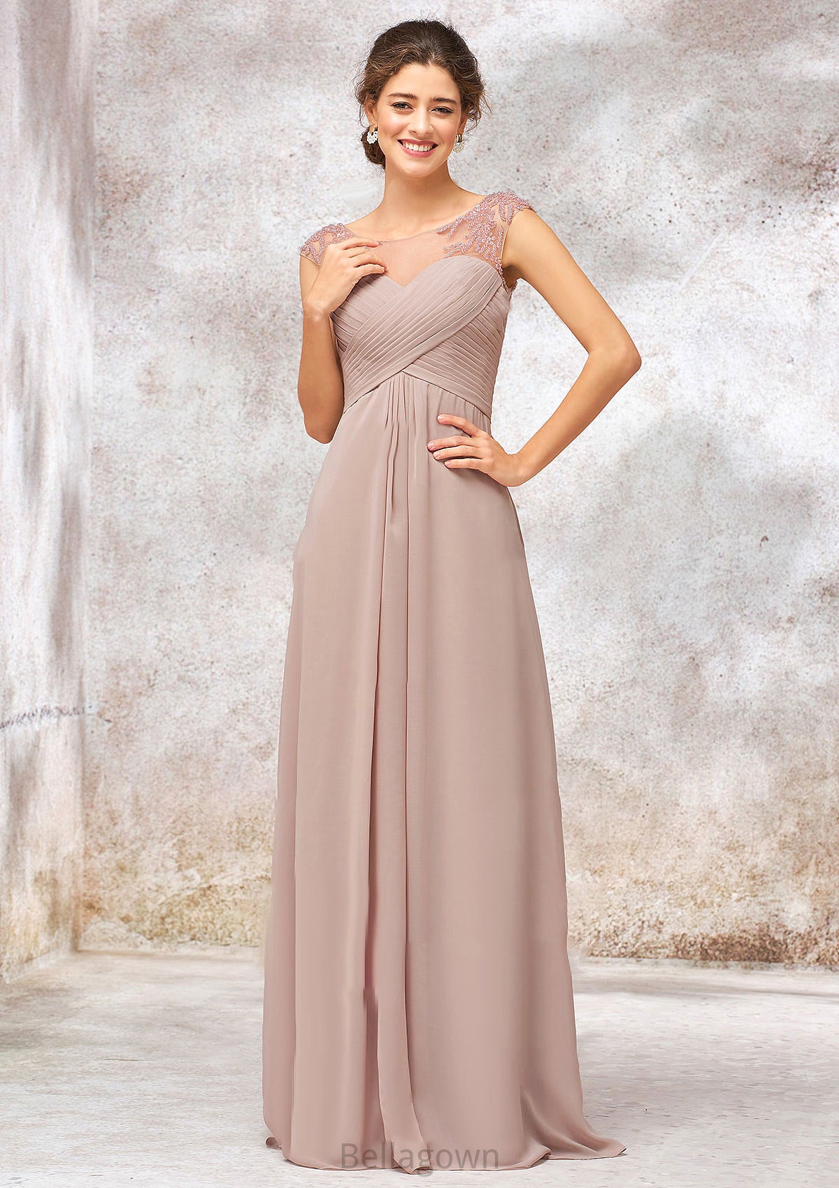 Illusion Neck Long/Floor-Length Chiffon A-line/Princess Bridesmaid Dresses  With Sequins Pleated Beading Esperanza DNP0025334