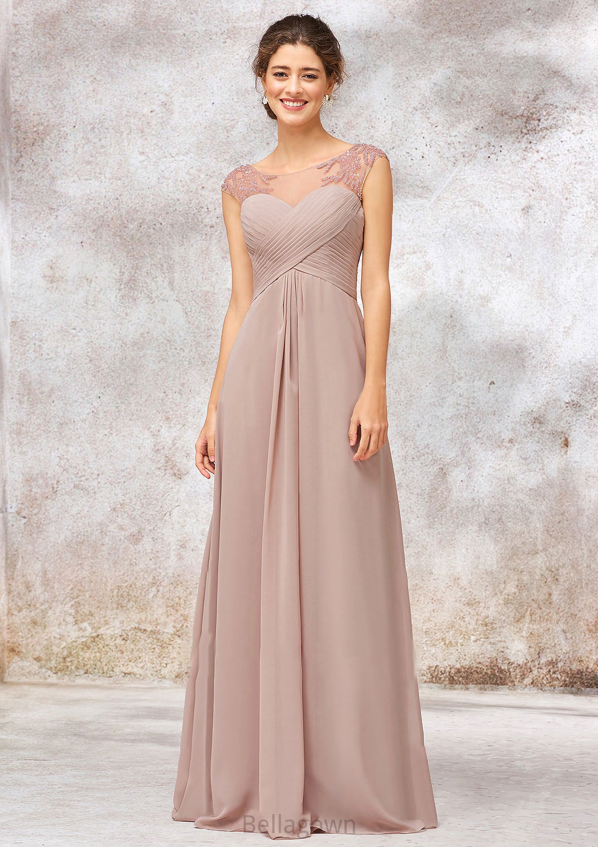 Illusion Neck Long/Floor-Length Chiffon A-line/Princess Bridesmaid Dresses  With Sequins Pleated Beading Esperanza DNP0025334