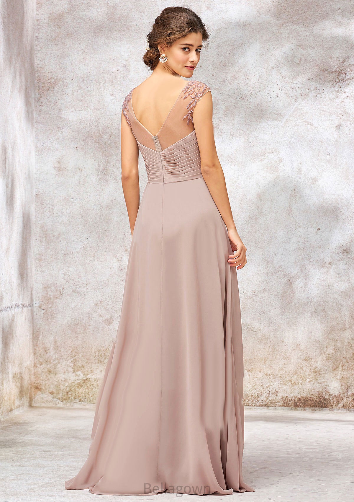 Illusion Neck Long/Floor-Length Chiffon A-line/Princess Bridesmaid Dresses  With Sequins Pleated Beading Esperanza DNP0025334