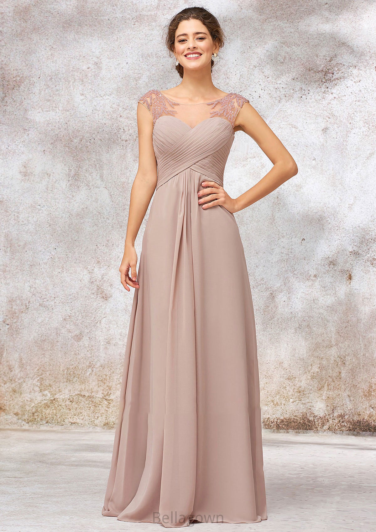 Illusion Neck Long/Floor-Length Chiffon A-line/Princess Bridesmaid Dresses  With Sequins Pleated Beading Esperanza DNP0025334