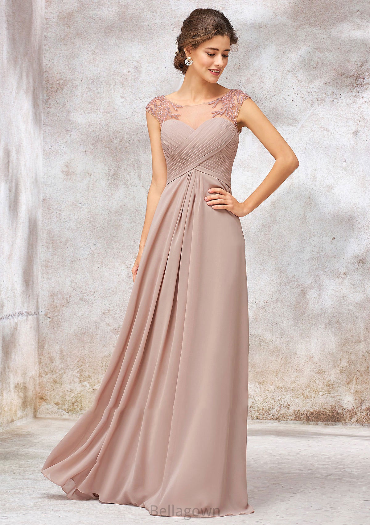 Illusion Neck Long/Floor-Length Chiffon A-line/Princess Bridesmaid Dresses  With Sequins Pleated Beading Esperanza DNP0025334