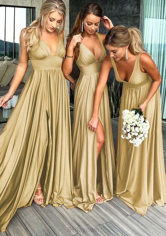 A-Line/Princess V-Neck Sweep Train Jersey Bridesmaid Dresses With Split Front Pleated Waistband Dixie DNP0025336