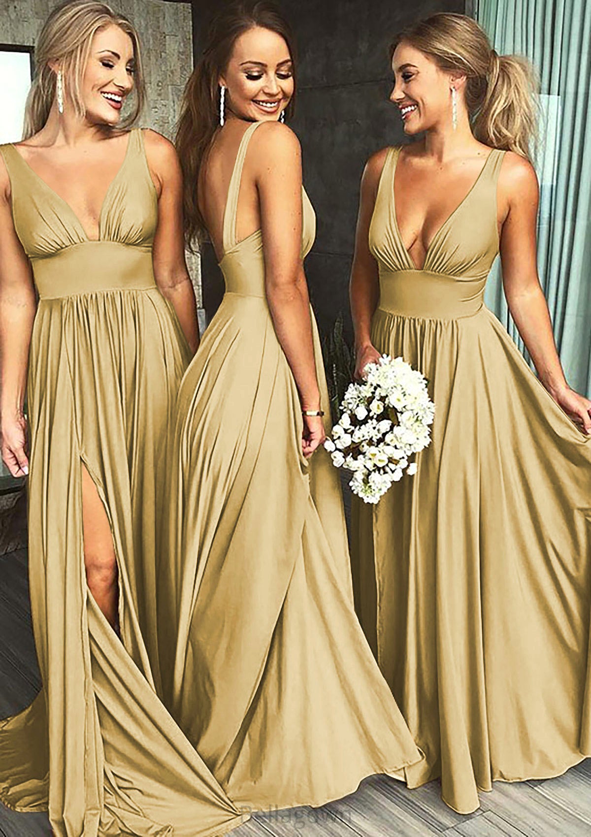 A-Line/Princess V-Neck Sweep Train Jersey Bridesmaid Dresses With Split Front Pleated Waistband Dixie DNP0025336