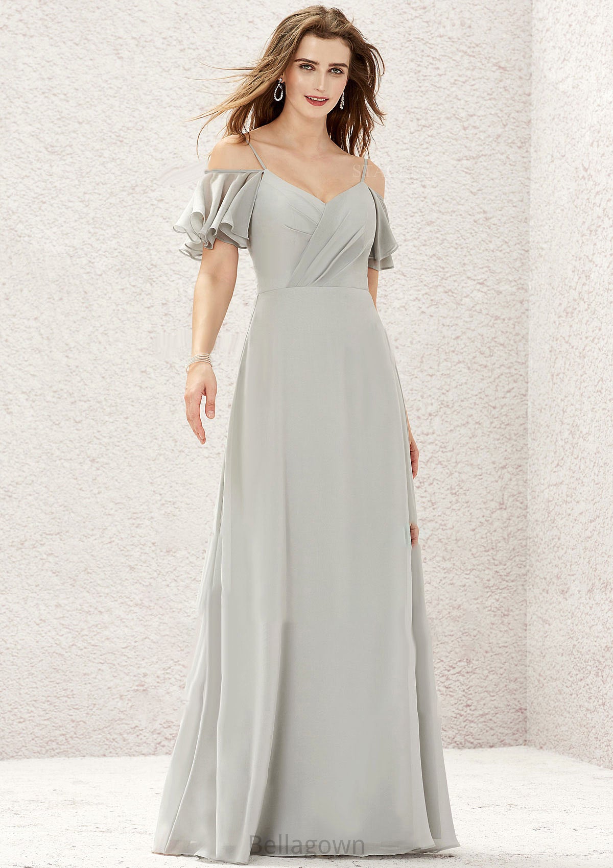 A-line Sweetheart Short Sleeve Long/Floor-Length Chiffon Bridesmaid Dresses With Pleated Gia DNP0025338