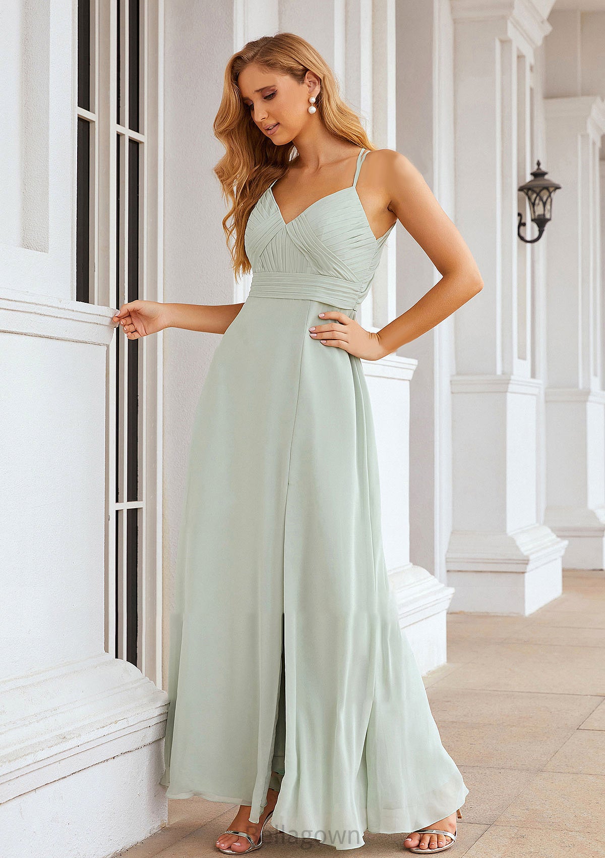 A-line Sweetheart Sleeveless Long/Floor-Length Chiffon Bridesmaid Dresses With Pleated Split.co.uk Hallie DNP0025339