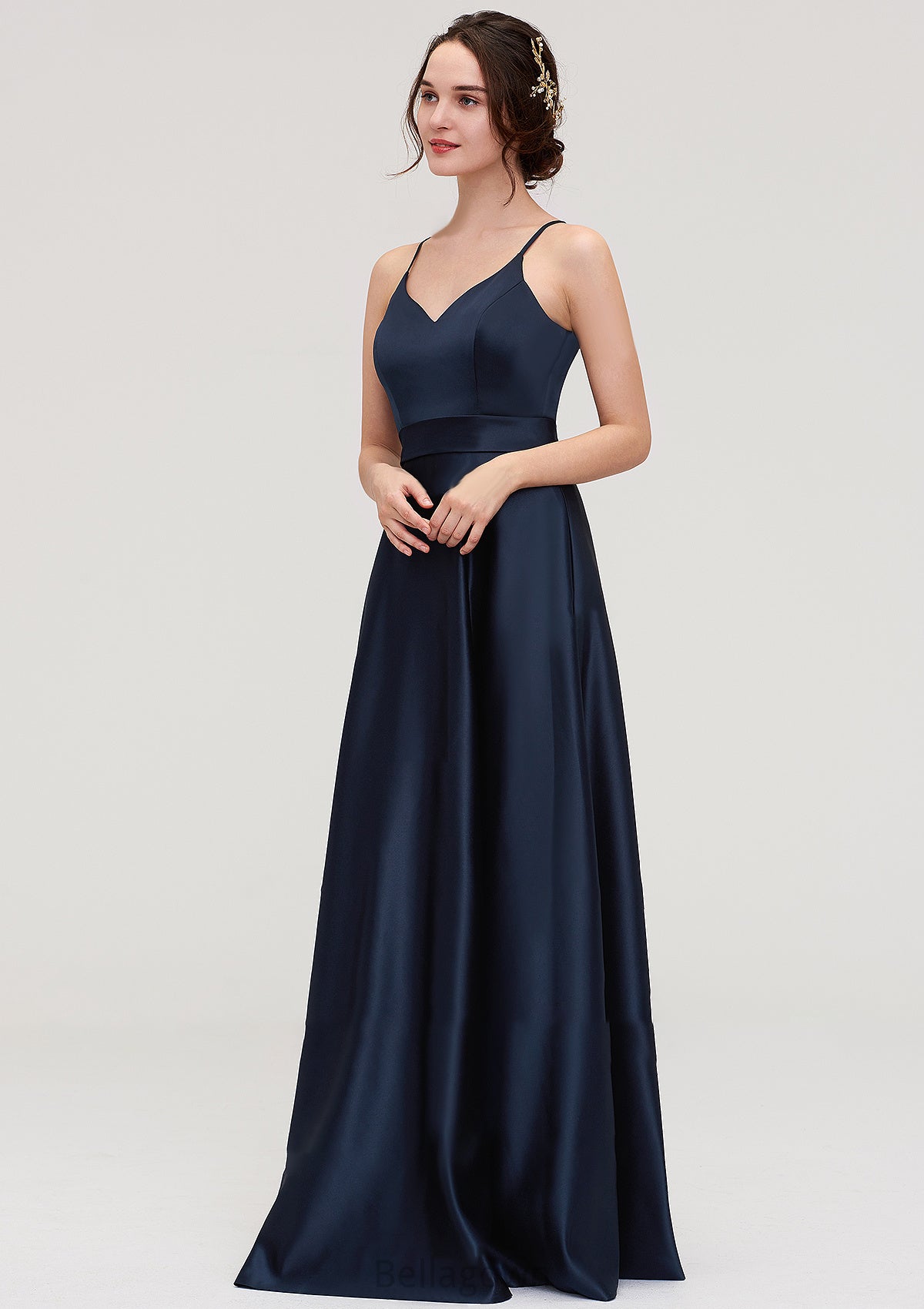 V Neck Sleeveless Long/Floor-Length Satin A-line/Princess Bridesmaid Dresseses Hayden DNP0025345