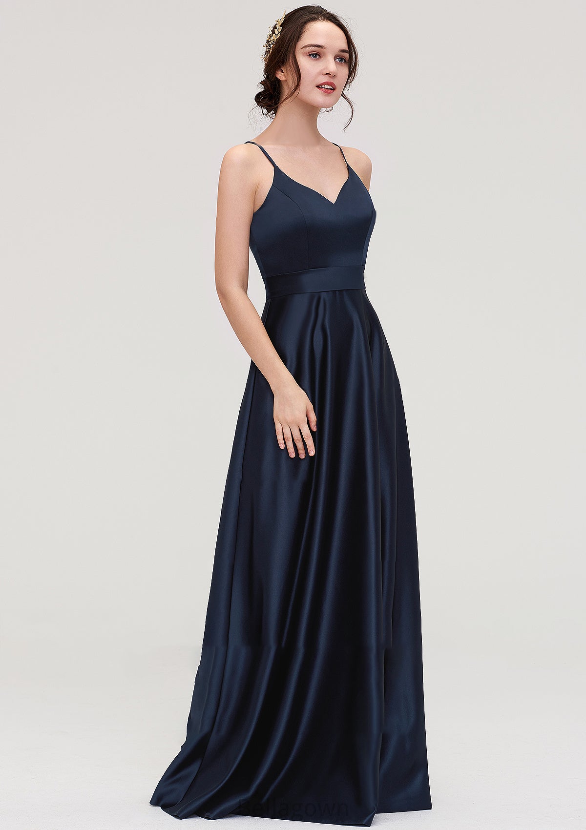 V Neck Sleeveless Long/Floor-Length Satin A-line/Princess Bridesmaid Dresseses Hayden DNP0025345