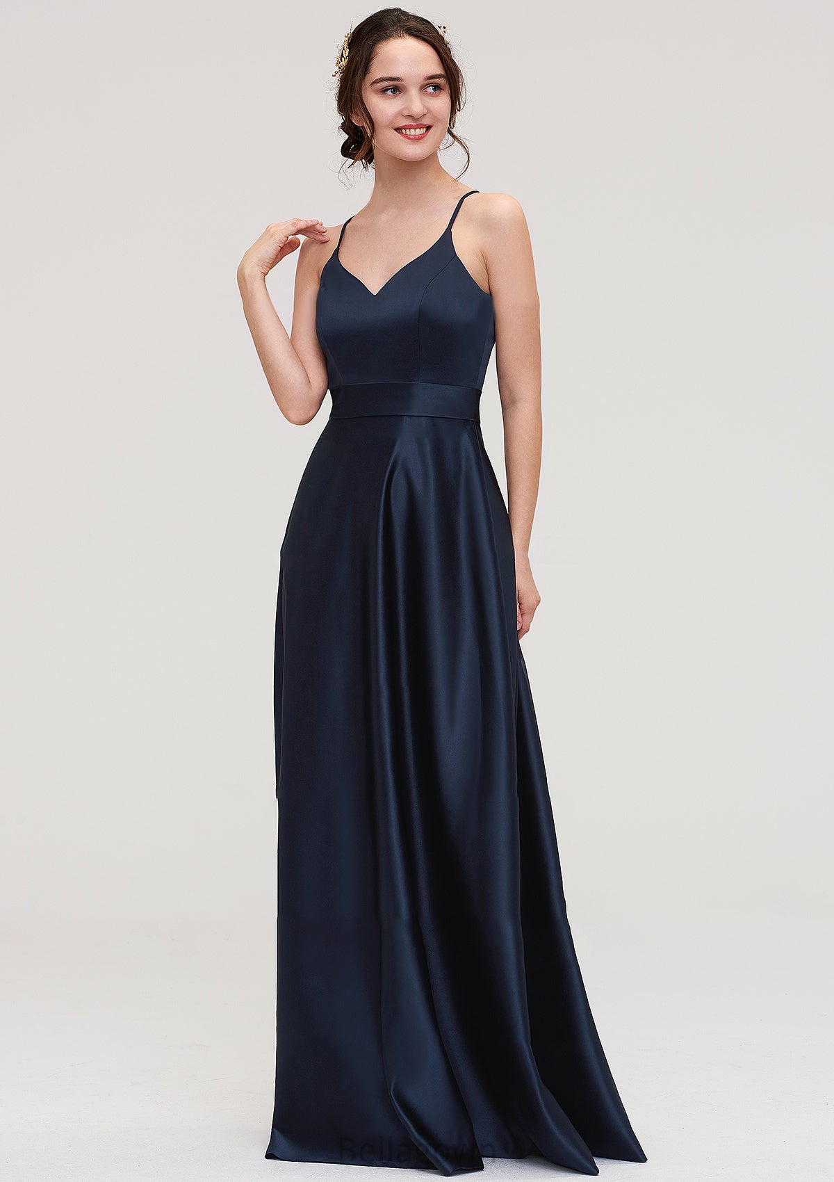 V Neck Sleeveless Long/Floor-Length Satin A-line/Princess Bridesmaid Dresseses Hayden DNP0025345