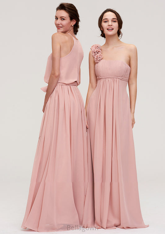 Sleeveless One-Shoulder Long/Floor-Length Chiffon A-line/Princess Bridesmaid Dresses With Pleated Flowers Noelle DNP0025346