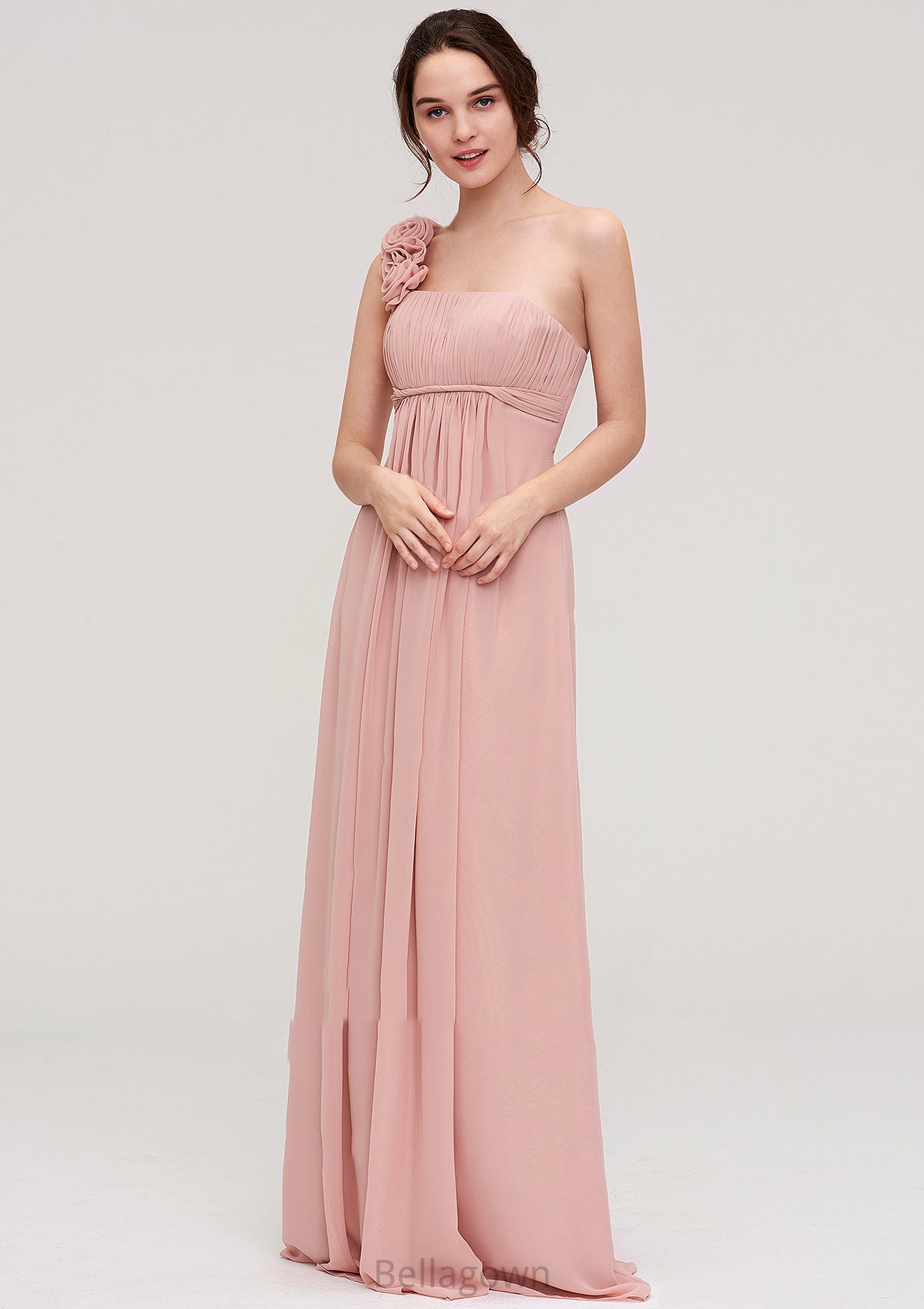 Sleeveless One-Shoulder Long/Floor-Length Chiffon A-line/Princess Bridesmaid Dresses With Pleated Flowers Noelle DNP0025346