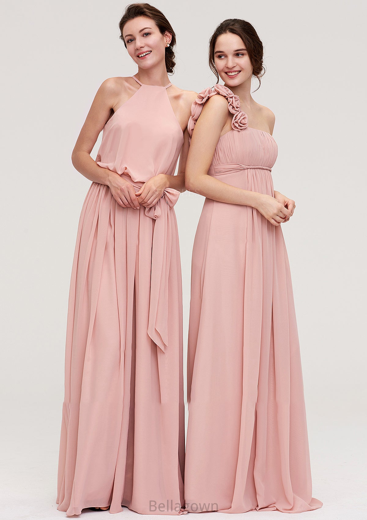 Sleeveless One-Shoulder Long/Floor-Length Chiffon A-line/Princess Bridesmaid Dresses With Pleated Flowers Noelle DNP0025346