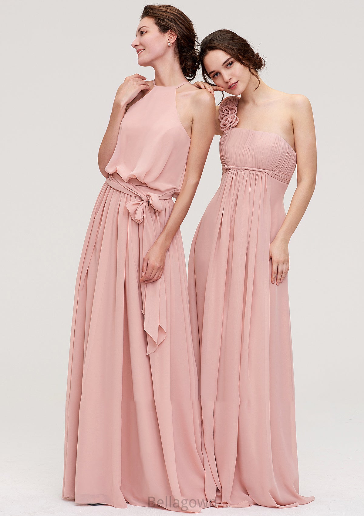 Sleeveless One-Shoulder Long/Floor-Length Chiffon A-line/Princess Bridesmaid Dresses With Pleated Flowers Noelle DNP0025346