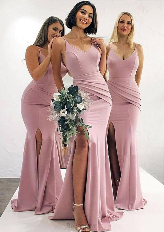 Trumpet/Mermaid V Neck Sleeveless Long/Floor-Length Elastic Satin Bridesmaid Dresses With Pleated Split Lillianna DNP0025347