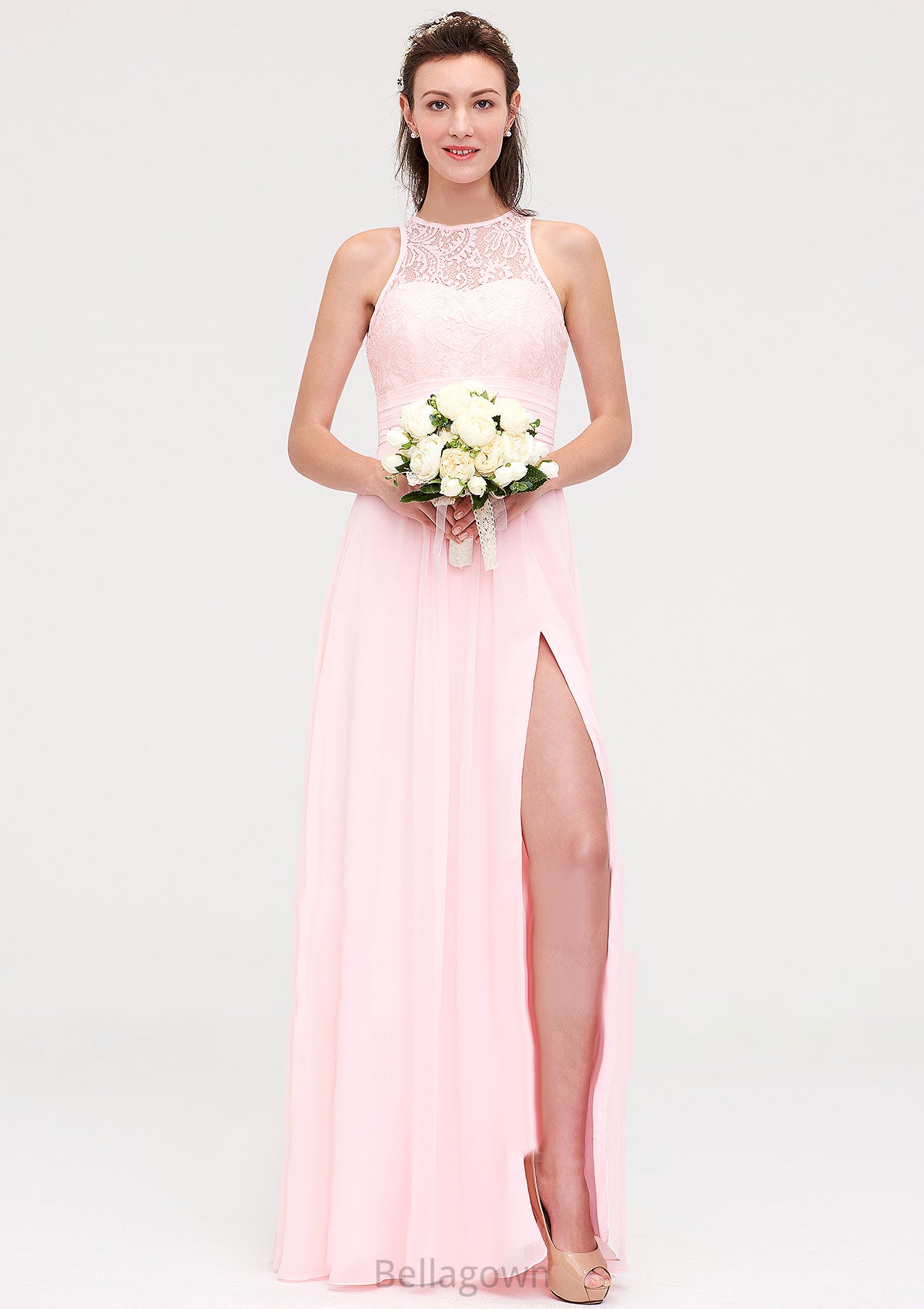 Sleeveless Scoop Neck Chiffon A-line/Princess Long/Floor-Length Bridesmaid Dresseses With Split Lace Aliya DNP0025349