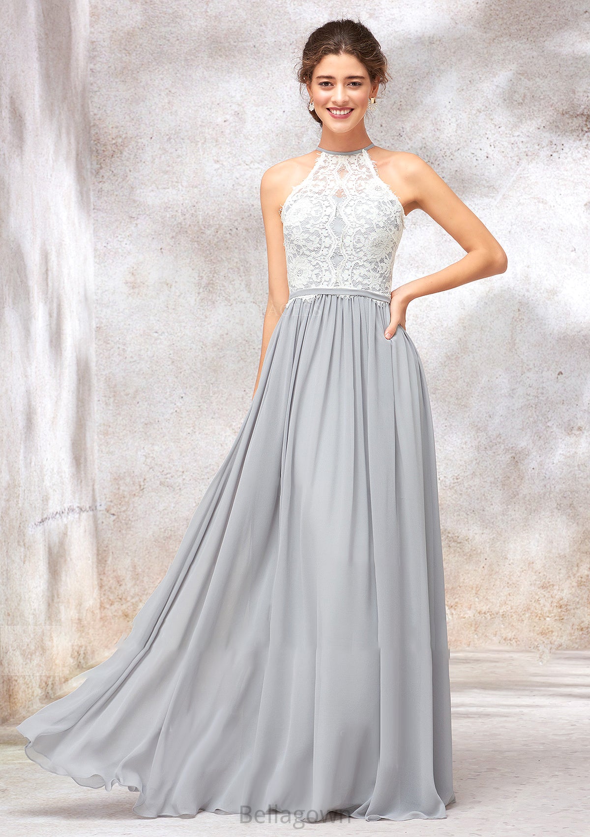 Scoop Neck A-line/Princess Sleeveless Chiffon Long/Floor-Length Bridesmaid Dresses With Lace Raelynn DNP0025350