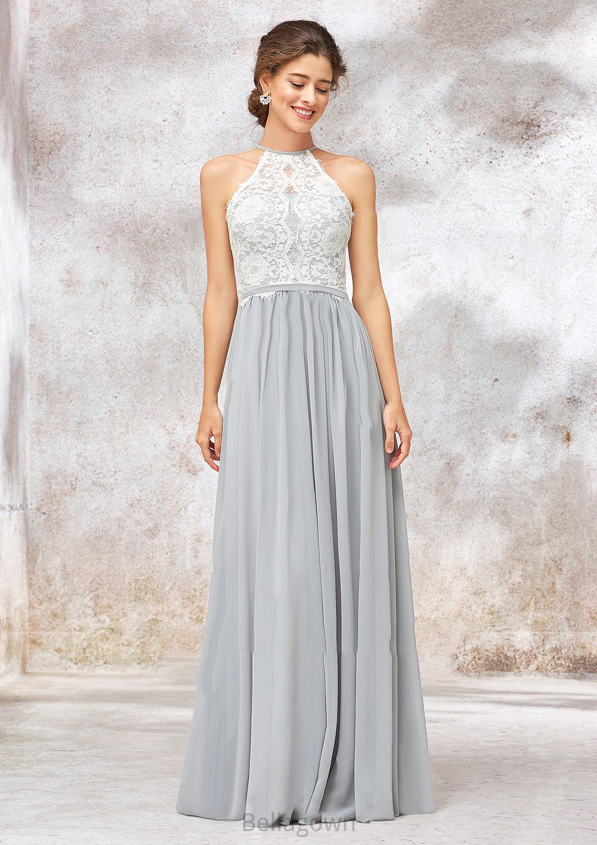 Scoop Neck A-line/Princess Sleeveless Chiffon Long/Floor-Length Bridesmaid Dresses With Lace Raelynn DNP0025350