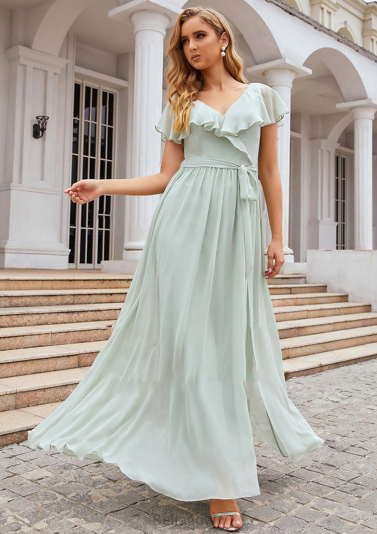 A-line V Neck Short Sleeve Long/Floor-Length Chiffon Bridesmaid Dresses With Sashes Ruffles Vivien DNP0025352