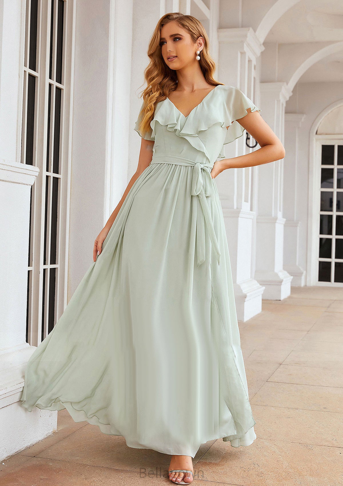 A-line V Neck Short Sleeve Long/Floor-Length Chiffon Bridesmaid Dresses With Sashes Ruffles Vivien DNP0025352