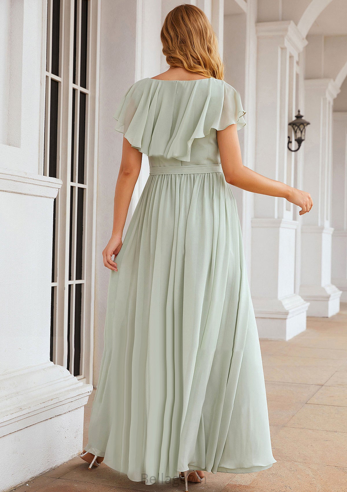 A-line V Neck Short Sleeve Long/Floor-Length Chiffon Bridesmaid Dresses With Sashes Ruffles Vivien DNP0025352