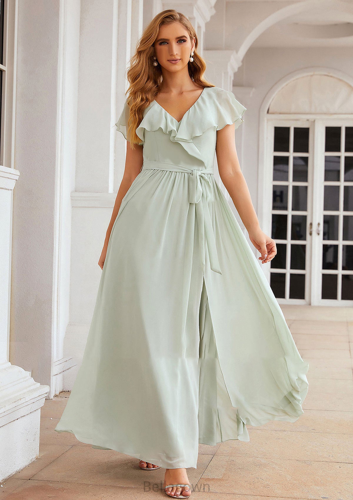 A-line V Neck Short Sleeve Long/Floor-Length Chiffon Bridesmaid Dresses With Sashes Ruffles Vivien DNP0025352