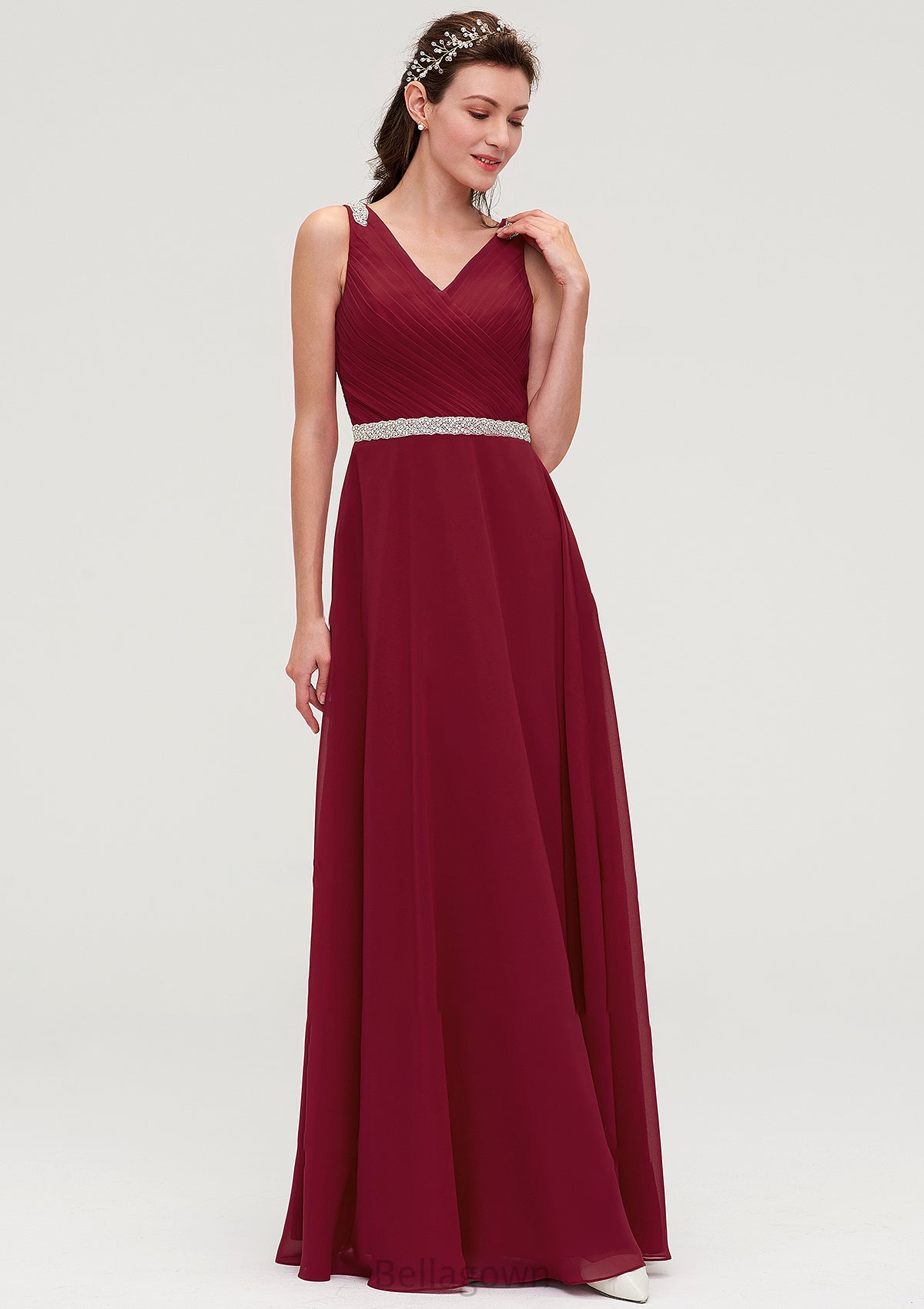 V Neck Sleeveless Chiffon A-line/Princess Long/Floor-Length Bridesmaid Dresseses With Waistband Beading Pleated Alana DNP0025355