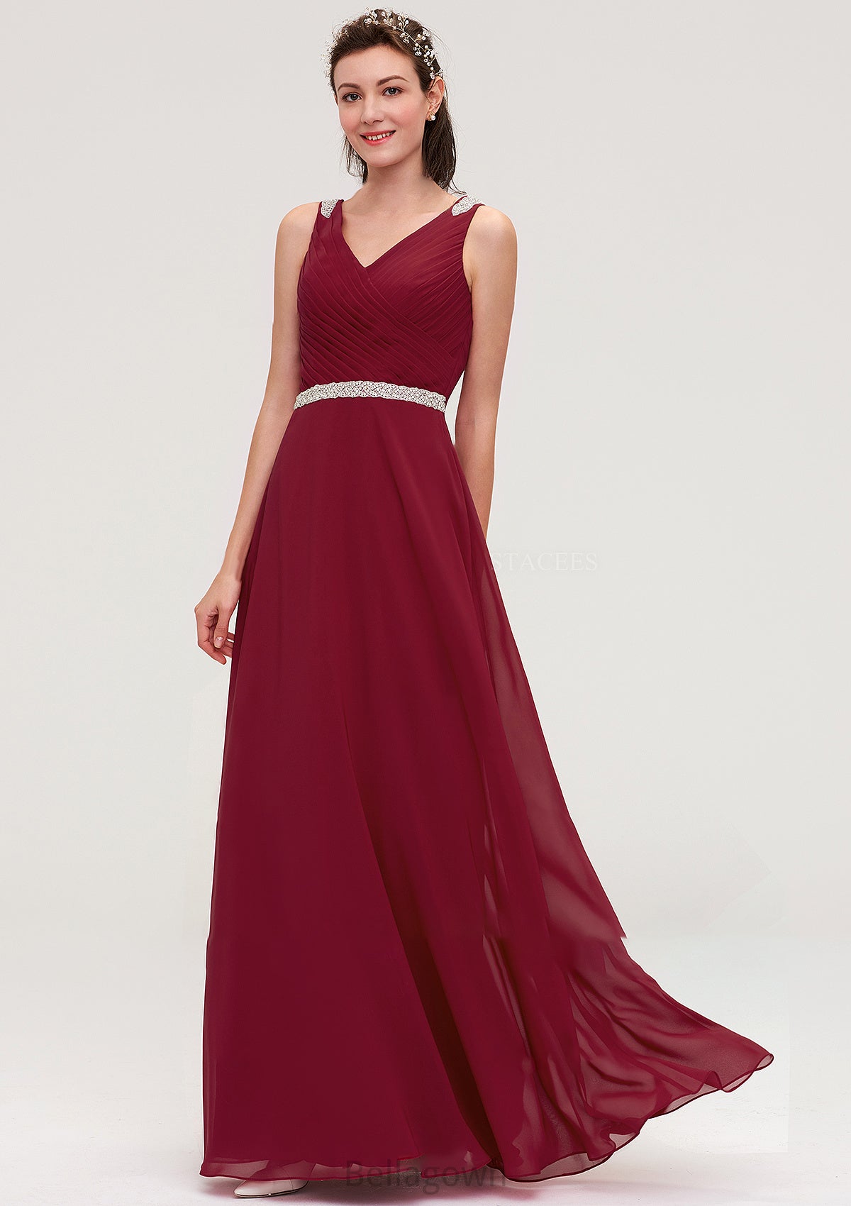 V Neck Sleeveless Chiffon A-line/Princess Long/Floor-Length Bridesmaid Dresseses With Waistband Beading Pleated Alana DNP0025355