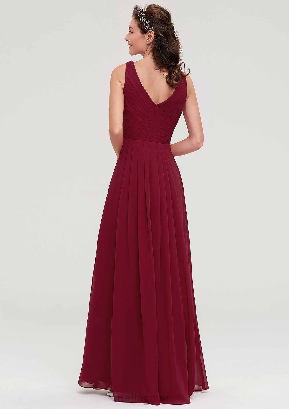 V Neck Sleeveless Chiffon A-line/Princess Long/Floor-Length Bridesmaid Dresseses With Waistband Beading Pleated Alana DNP0025355