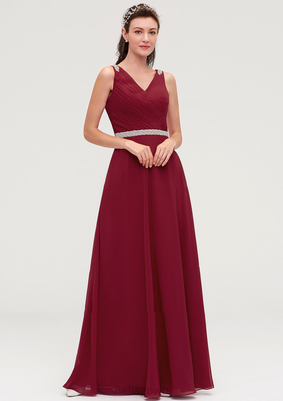 V Neck Sleeveless Chiffon A-line/Princess Long/Floor-Length Bridesmaid Dresseses With Waistband Beading Pleated Alana DNP0025355