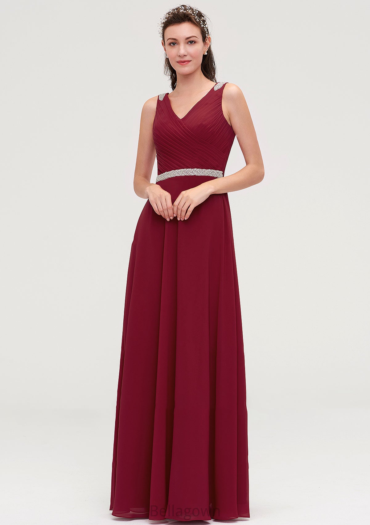 V Neck Sleeveless Chiffon A-line/Princess Long/Floor-Length Bridesmaid Dresseses With Waistband Beading Pleated Alana DNP0025355