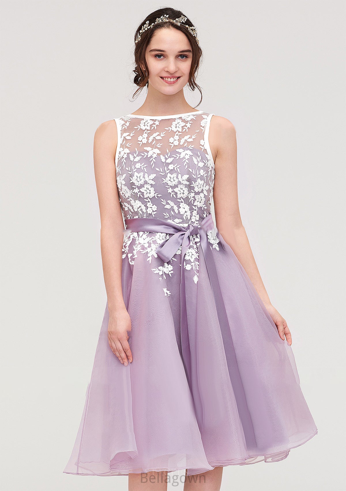 Bateau Sleeveless Organza Knee-Length A-line/Princess Bridesmaid Dresses With Sashes Lace Madyson DNP0025358