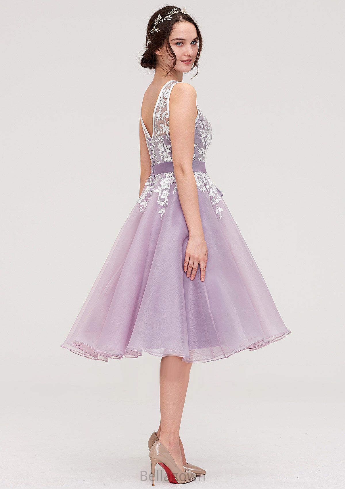 Bateau Sleeveless Organza Knee-Length A-line/Princess Bridesmaid Dresses With Sashes Lace Madyson DNP0025358