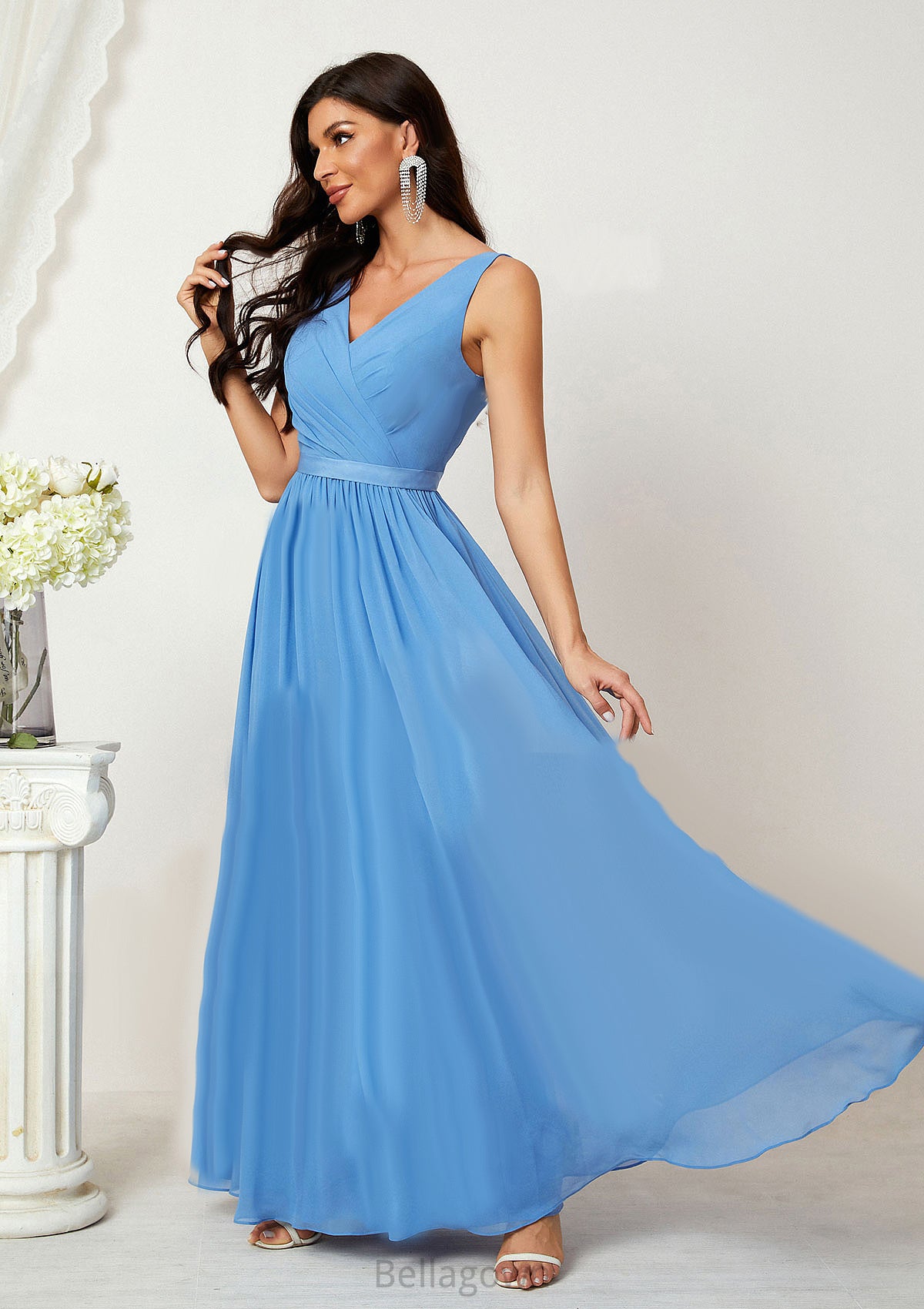 A-line V Neck Sleeveless Chiffon Long/Floor-Length Bridesmaid Dresses With Pleated Georgia DNP0025360