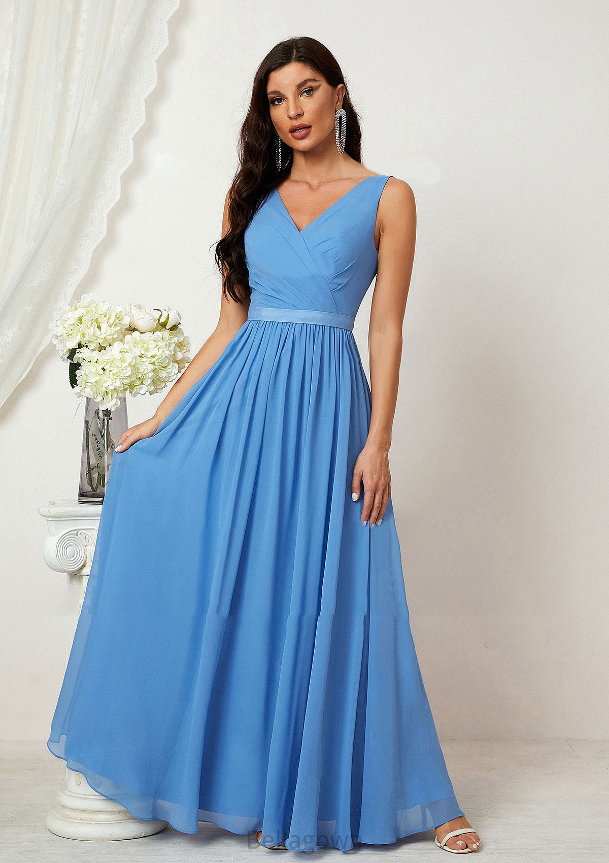 A-line V Neck Sleeveless Chiffon Long/Floor-Length Bridesmaid Dresses With Pleated Georgia DNP0025360