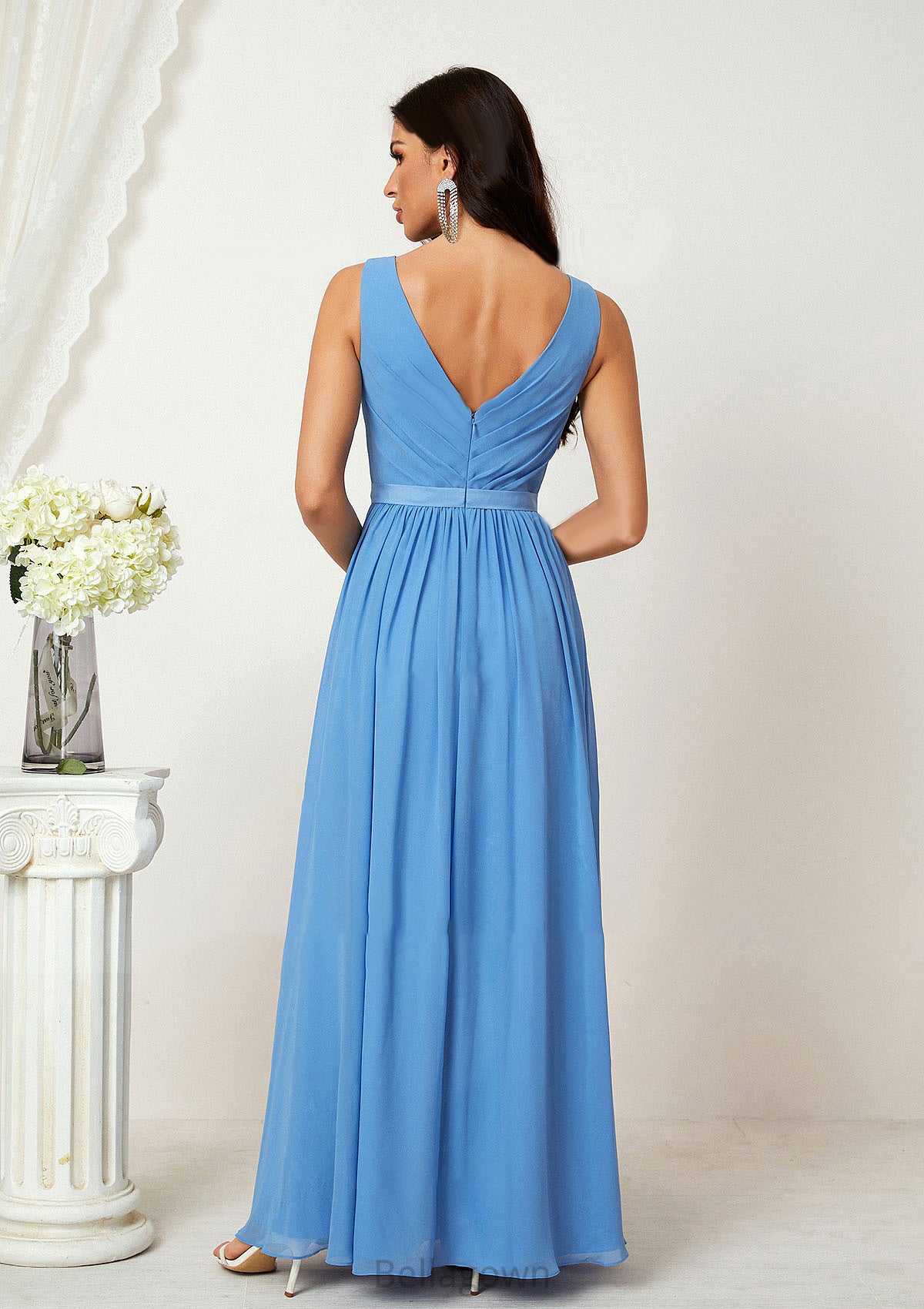 A-line V Neck Sleeveless Chiffon Long/Floor-Length Bridesmaid Dresses With Pleated Georgia DNP0025360