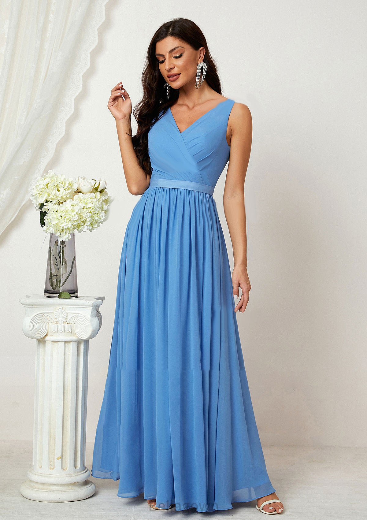 A-line V Neck Sleeveless Chiffon Long/Floor-Length Bridesmaid Dresses With Pleated Georgia DNP0025360