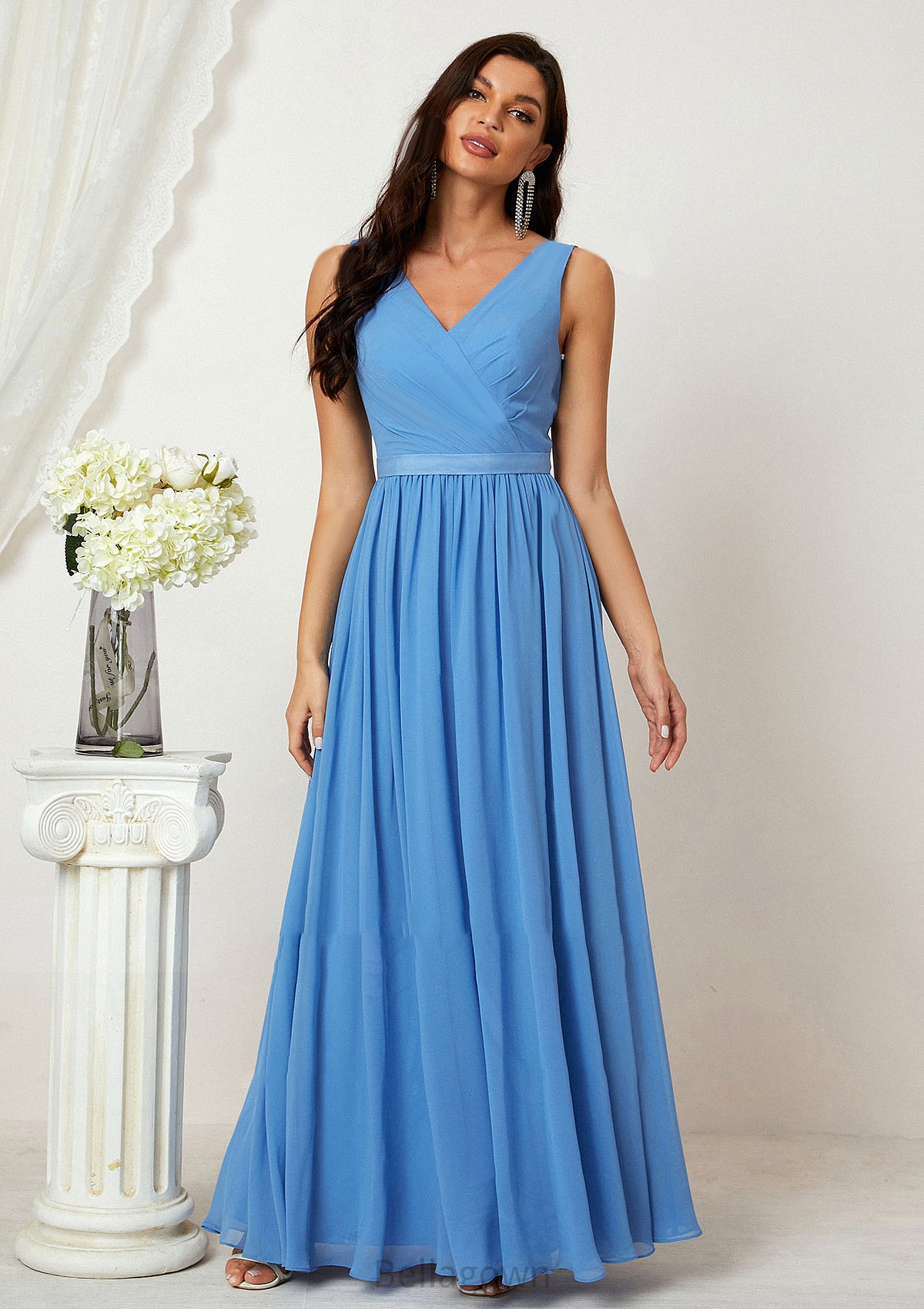 A-line V Neck Sleeveless Chiffon Long/Floor-Length Bridesmaid Dresses With Pleated Georgia DNP0025360