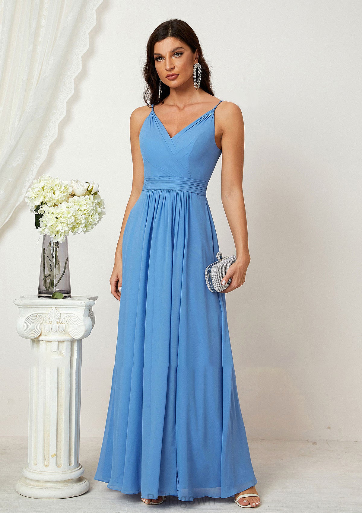 A-line V Neck Sleeveless Chiffon Long/Floor-Length Bridesmaid Dresses With Split Pleated LuLu DNP0025362