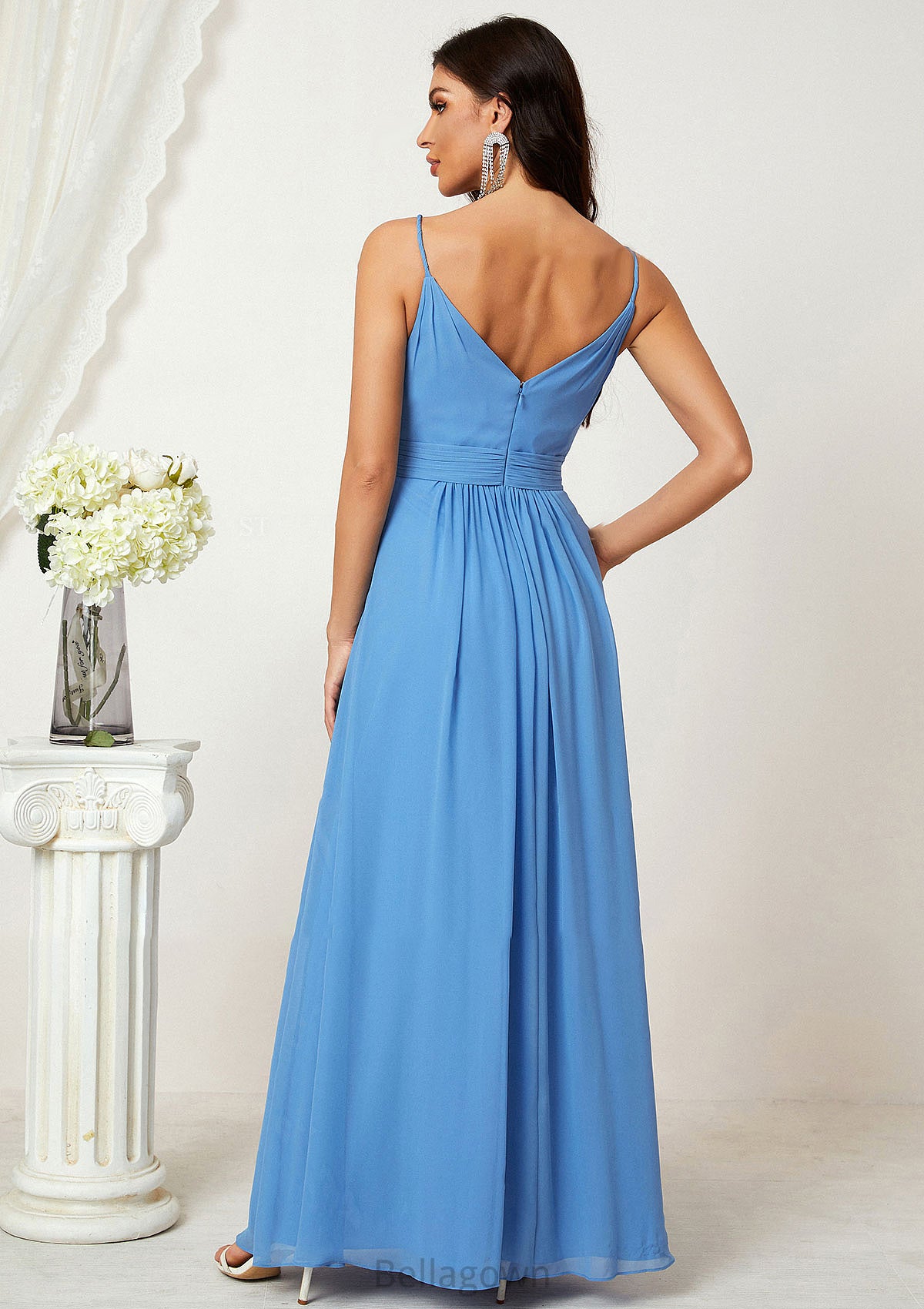 A-line V Neck Sleeveless Chiffon Long/Floor-Length Bridesmaid Dresses With Split Pleated LuLu DNP0025362