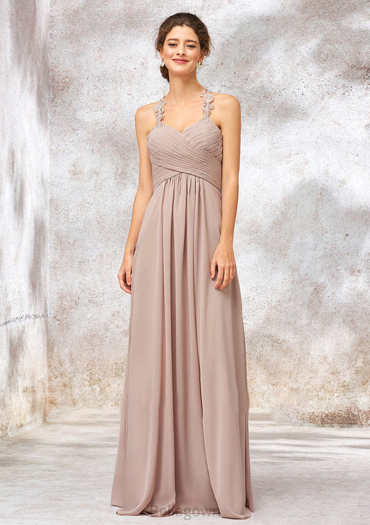 A-line Sweetheart Sleeveless Chiffon Long/Floor-Length Bridesmaid Dresses With Lace Pleated Undine DNP0025365