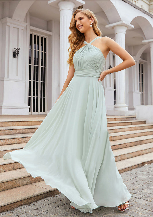 A-line Scalloped Neck Sleeveless Long/Floor-Length Chiffon Bridesmaid Dresses With Pleated Urania DNP0025366