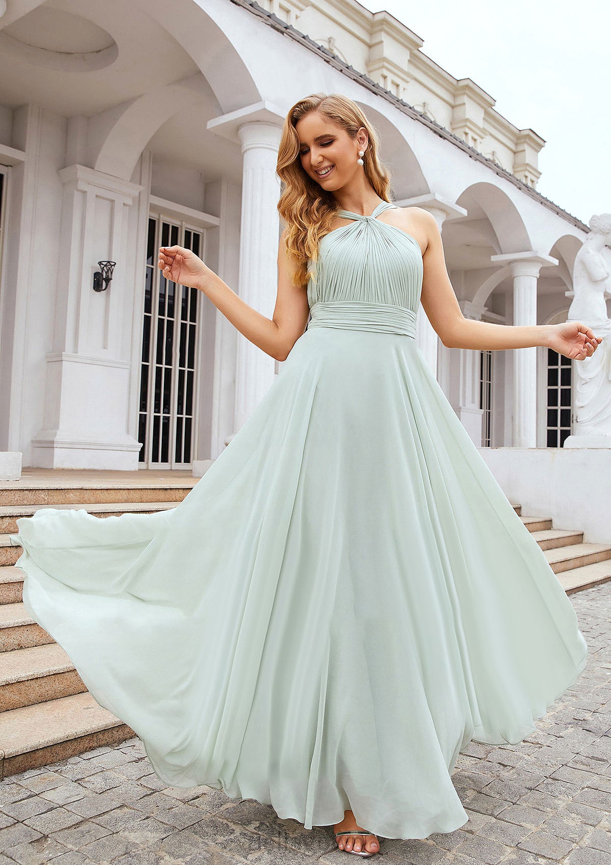 A-line Scalloped Neck Sleeveless Long/Floor-Length Chiffon Bridesmaid Dresses With Pleated Urania DNP0025366