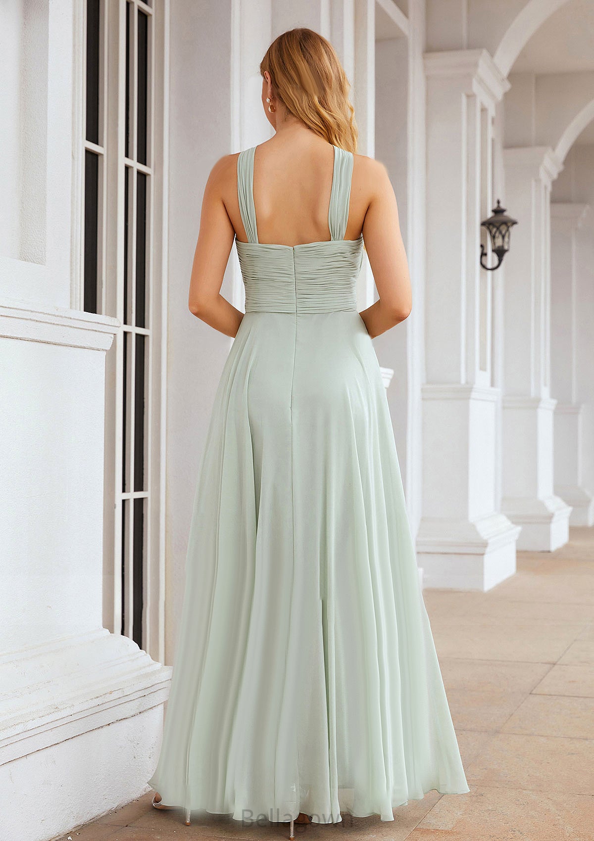 A-line Scalloped Neck Sleeveless Long/Floor-Length Chiffon Bridesmaid Dresses With Pleated Urania DNP0025366