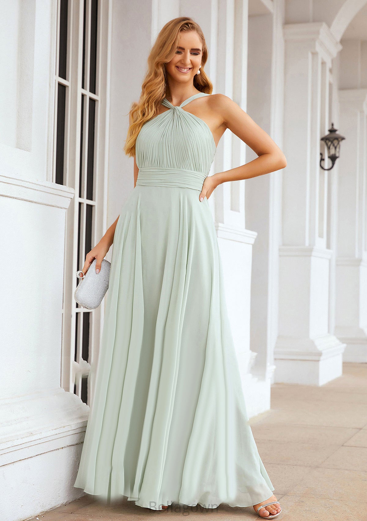 A-line Scalloped Neck Sleeveless Long/Floor-Length Chiffon Bridesmaid Dresses With Pleated Urania DNP0025366