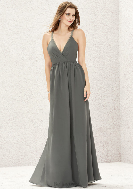 A-line V Neck Sleeveless Chiffon Long/Floor-Length Bridesmaid Dresses With Pleated Lace Audrey DNP0025367