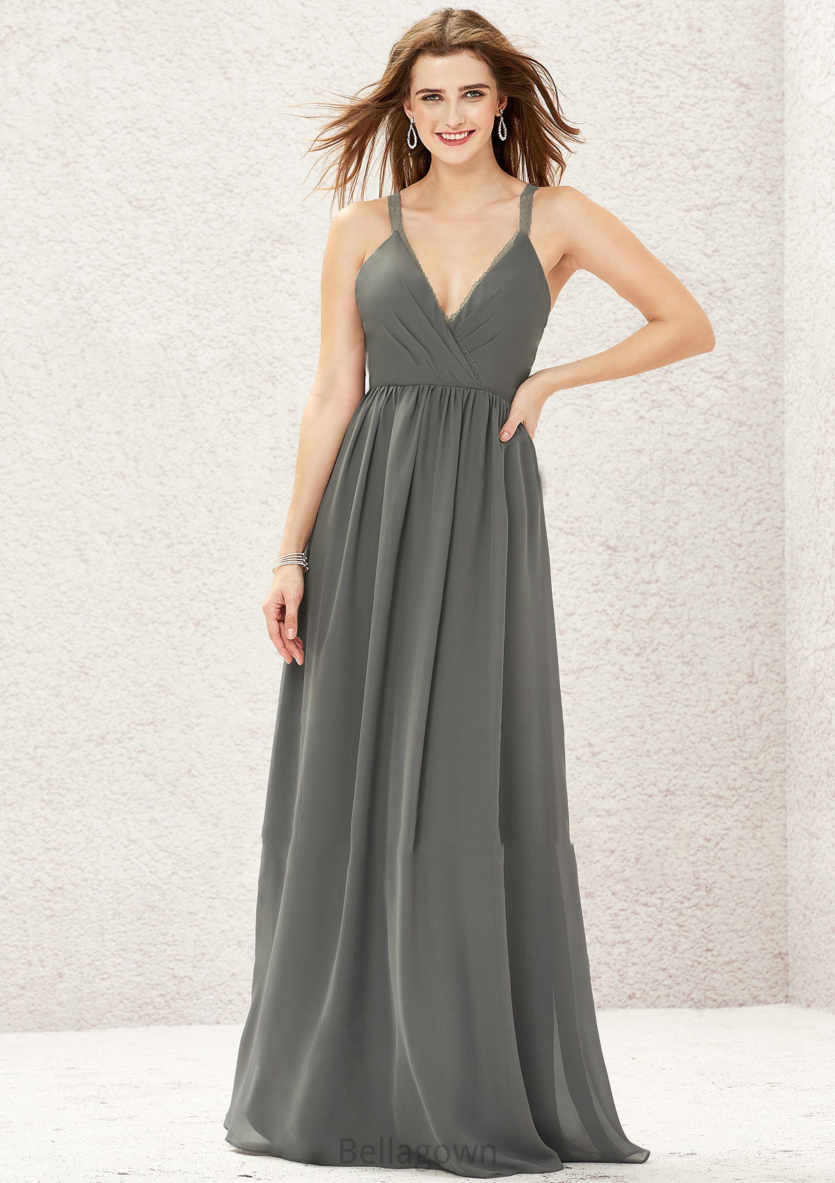 A-line V Neck Sleeveless Chiffon Long/Floor-Length Bridesmaid Dresses With Pleated Lace Audrey DNP0025367